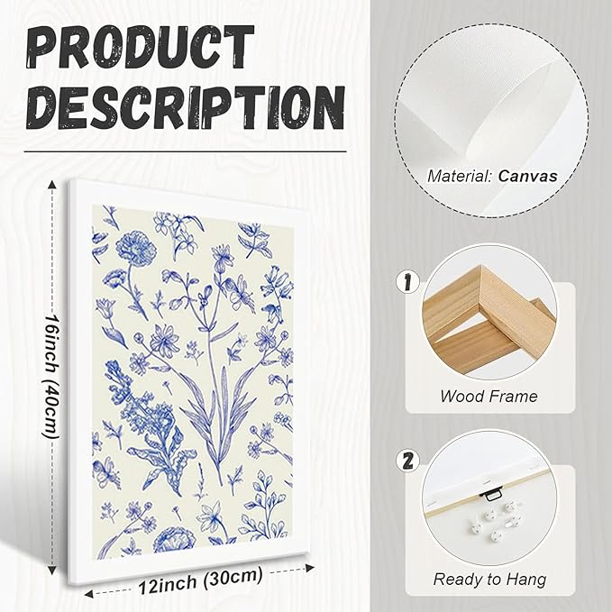 LYPHNX Framed Blue White Chinoiserie Floral Canvas Wall Art Navy Watercolor Flower Painting Posters Set of 3 Minimalist Botanical Wildflower Prints Picture Home Decor for Bedroom Living room 12"x16"