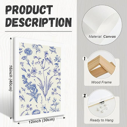LYPHNX Framed Blue White Chinoiserie Floral Canvas Wall Art Navy Watercolor Flower Painting Posters Set of 3 Minimalist Botanical Wildflower Prints Picture Home Decor for Bedroom Living room 12"x16"