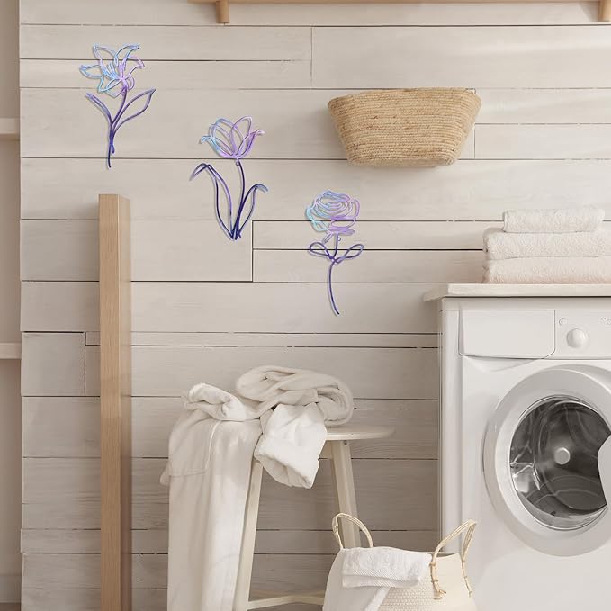 Oubasa 3 Pieces Metal Flowers Wall Arts Decor, Rustic Farmhouse Metal Wall Art Purple Minimalist Floral Decor for Bathroom Kitchen Bedroom Living Room, 6x10 Inches - Housewarming Gifts