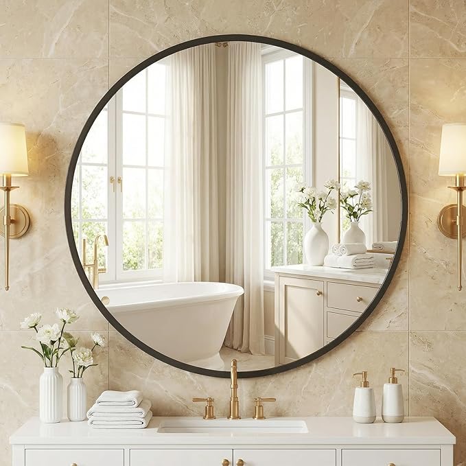 NEWBULIG 28 Inch Round Wall Mirror, Bathroom Mirror for Over Sink, Matte Metal Framed Circle Vanity Mirror, Wall Decor for Bedroom, Entryway, Anti-Rust, Tempered Glass, Hanging or Leaning,Black