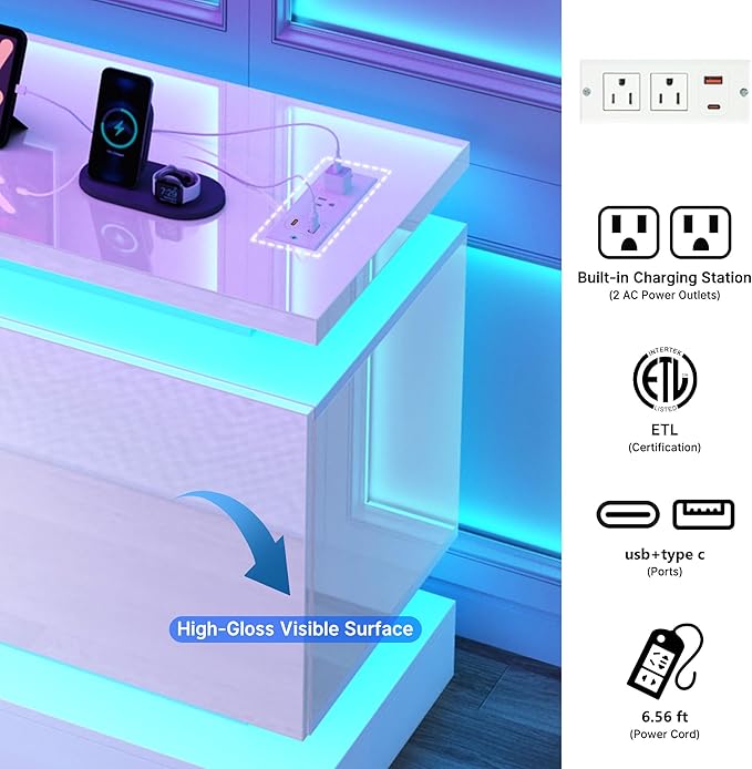 chartustriable 81IN LED TV Stands w/50 inch Fireplace Power Outlet for 90/85/80/75 Inch TVs,High Glossy Tall Modern TV Media Console Gaming with 2 Storage Cabinets,Dual LED Lights,White