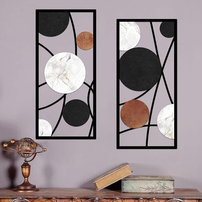 ruelen 2 Pieces Metal Wall Art，Abstract Geometric Circle Decor with Marble Texture, Modern Minimalist Black White Brown Wall Sculpture for Living Room，Bedroom，Office