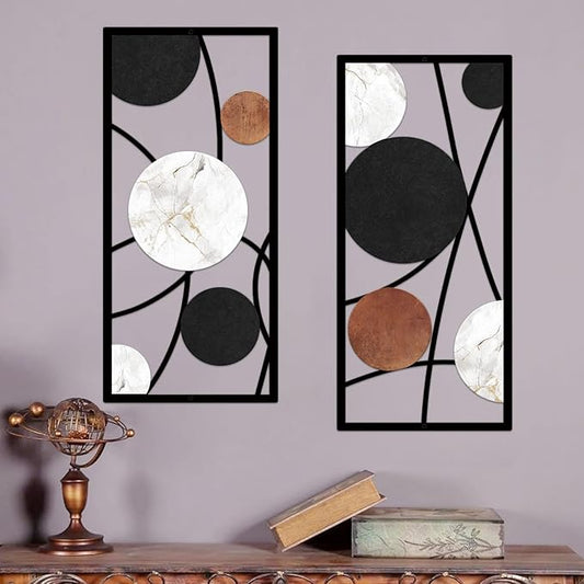 ruelen 2 Pieces Metal Wall Art，Abstract Geometric Circle Decor with Marble Texture, Modern Minimalist Black White Brown Wall Sculpture for Living Room，Bedroom，Office