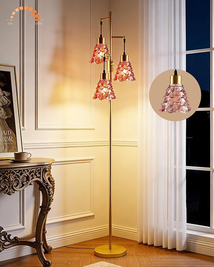 3-Light Modern Glass Floor Lamp, Gold Standing Tall Lamp with Deep Red Pinecone Glass Shade, Dimmable LED Floor Lamp with 5Lbs Heavy Base for Living Room Bedroom Home Decor, Bulb Included