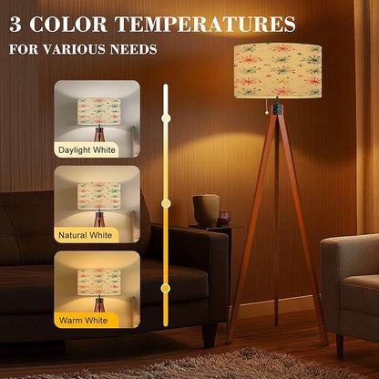 Wood Tripod Floor Lamp Seamless Mid Century Modern Retro Mid Century Standing Lamp Linen Shade Dimmable Modern Tall lamp Home Decor for Living Room Bedroom Office