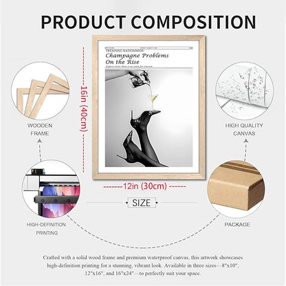 Framed Newspaper Wall Art, Champagne Problems Poster Black and White Vintage Aesthetic Canvas Print Picture, Fashion Glam High Heels Cocktail Glass Wall Decor for Bar Apartment Girls Room 12x16 inch