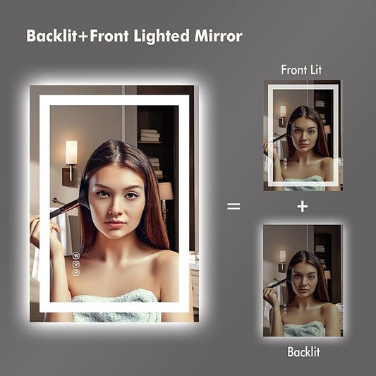 GarveeHome 30 in x 22 in Led Bathroom Mirror with Front and Backlit, Stepless Dimmabl, Anti-Fog, Shatter-Proof, Memory, Wall Mounted Lighted Vanity Mirror(Horizontal/Vertical)