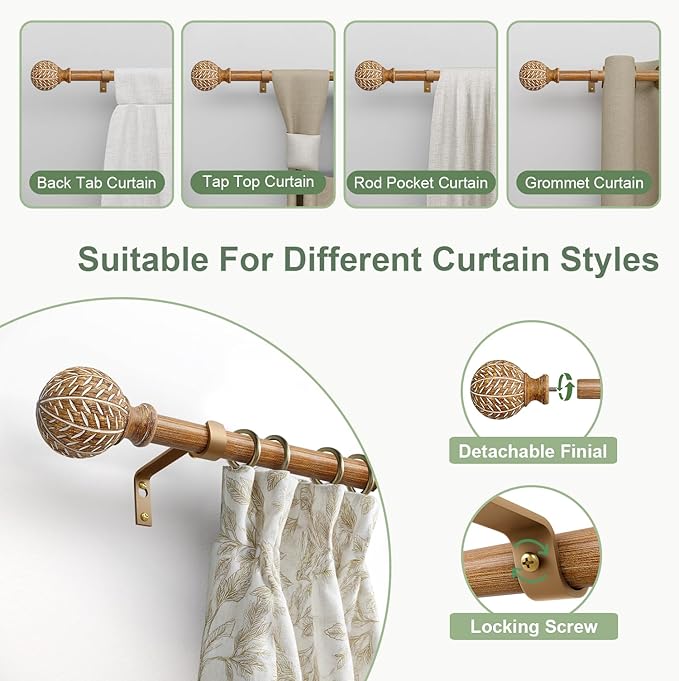 QDWIS 2 Pack Wood Curtain Rods for Windows 28 to 48 Inch,1'' Diameter Drapery Rods with Imitation Wood Grain Leaf Pattern Finials,Boho Adjustable Heavy Duty Curtain Rods Set,18-60'',Color:Natural Wood