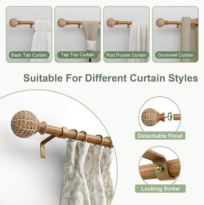 QDWIS 2 Pack Wood Curtain Rods for Windows 28 to 48 Inch,1'' Diameter Drapery Rods with Imitation Wood Grain Leaf Pattern Finials,Boho Adjustable Heavy Duty Curtain Rods Set,18-60'',Color:Natural Wood