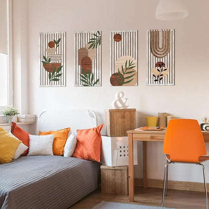 Yuntau 4 Pcs Boho Wooden Wall Art Plant Wall Sculptures Abstract Minimalist Wall Decor Geometric Sun Rainbow Painting Home Decor Print for Living Room Bedroom Office(Cute)