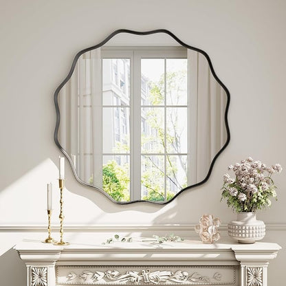 Round Wavy Mirror 36 Inch Bathroom Vanity Mirror Metal Frame Circle Wall Mounted Mirror for Bedroom Living Room Entryway Black