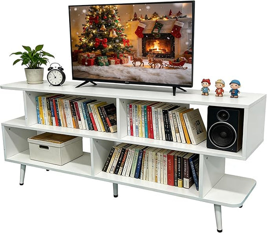 Lightdot 55 Inch TV Stand, up to 65 Inch TVs, Large Storage for Collection with 6 Open Shelves, Sturdy Media Console Table for Living Room/Entrance/Kitchen/Sofa Cabinet, Easy Assembly, White