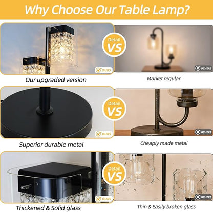 Crystal Table lamp-Modern Black Lamps for Living Room,Plug in Bedside Lamps with Switch,Elegant Desk lamp for Room Decor,Bedroom,Dining Room,23" Tall
