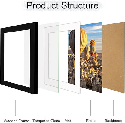 iRahmen 10x12 Picture Frame with Mat 8x10 - High Definition Tempered Glass Wooden Photo Frames for Tabletop Display and Wall Mounting (Pure Black, Set of 2)