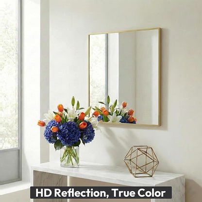 30" x 36" Gold Wall Mirror for Bathroom, 36" x 30" Metal Framed Accent Decor, Mid-Century Modern Mirror for Vanity & Bedroom