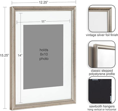 Kate and Laurel Adlynn Rectangle Picture Frame Set of 4; 11 x 14 matted to 8 x 10; Silver; Glam Four-Piece Frame Set for Gallery Wall Frame Set in Living Room Wall Decor