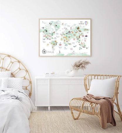Green Kids World Map Wall Art Animal Map Canvas Wall Art Nursery Wall Decor World Map Poster Childrens Room Decor Playroom Prints Educational Artwork 16x24 Inch Unframed