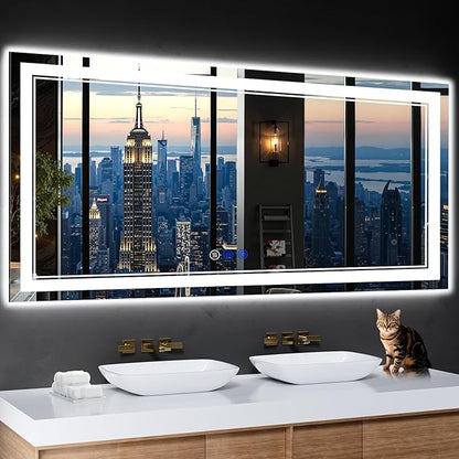 60"x28" LED Bathroom Mirror with Anti-Fog, Stepless Dimmable Lights, 3 Color Modes, Shatter-Proof Tempered Glass,Waterproof Design