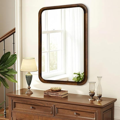 Wood Bathroom Mirror for Wall,Rectangle 20 x 30 inch Hanging Vanity Brown Tempered Mirrors with Rounded Corner for Living Room,Bedroom,Entryway (Walnut, 24x30 Inch)