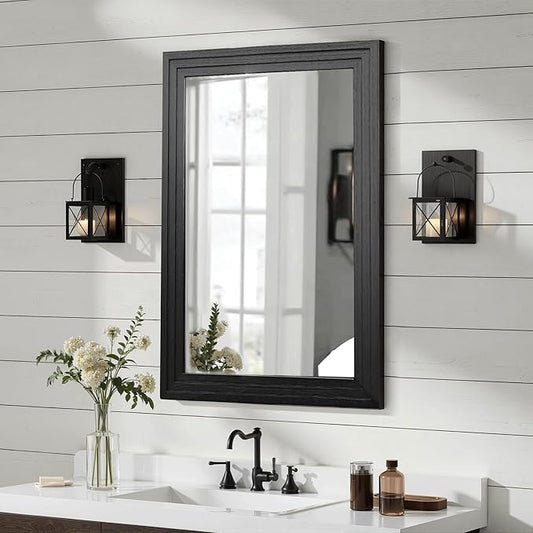 Wood Framed Mirrors for Wall, Black Bathroom Vanity Mirror for Over Sink 20 x 30, Vintage Wall Mirror for Bathroom Sink Hallway Entryway Bedroom Living Room Farmhouse Boho Style