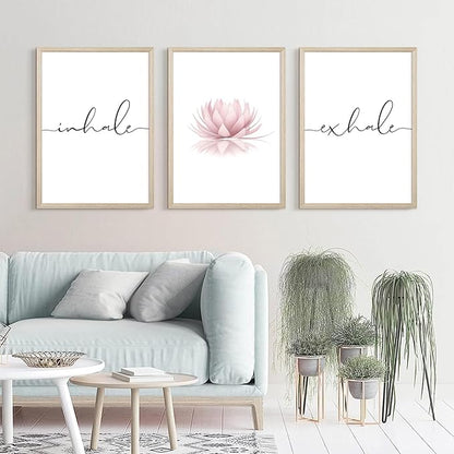 Inhale Exhale Wall Art Zen Canvas Decor Yoga Lotus Wall Art Calming Meditation Artwork Pink Yoga Poster Zen Pictures Painting for Living Room Bedroom 12x16 Inch Wood Framed Set of 3