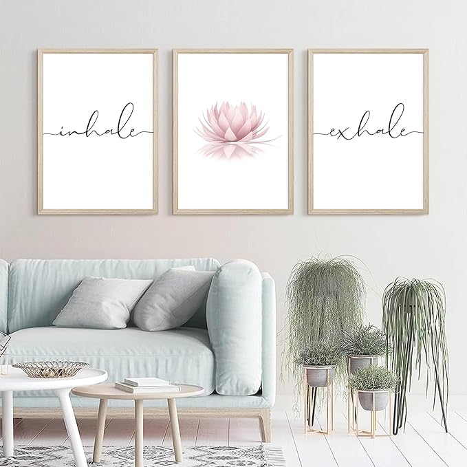 Inhale Exhale Wall Art Zen Canvas Decor Yoga Lotus Wall Art Calming Meditation Artwork Pink Yoga Poster Zen Pictures Painting for Living Room Bedroom 16x24 Inch Wood Framed Set of 3