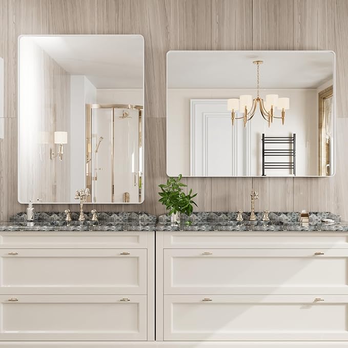 JISOSO White Bathroom Mirror 48x36 Inch, White Metal Framed Bathroom Mirror for Wall, Rounded Rectangle Matte Bathroom Vanity Mirror, Tempered Glass, Anti-Rust, Horizontal/Vertical