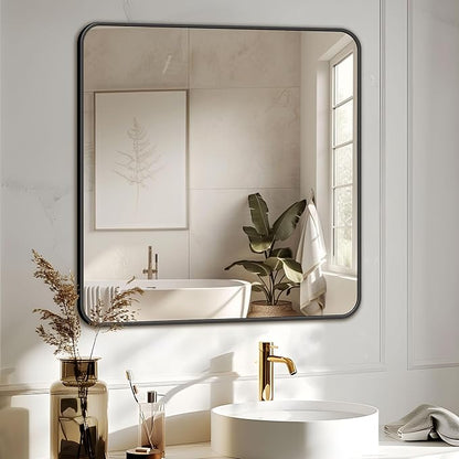 Antok 36x36 Black Metal Framed Bathroom Mirror, Wall Mirror with Round Corners, Vanity Mirror for Over Sink, Anti-Rust Tempered Glass, Horizontal/Vertical Hanging for Bathroom, Living Room, Entryway