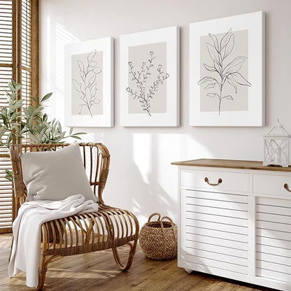 Youillne Neutral Botanical Prints Wall Art Decor Plant Minimalist Canvas Pictures Vintage Beige Wall Art Modern Farmhouse Line Poster Boho Abstract Painting Artwork for Bedroom 24x36 Inch Set of 3