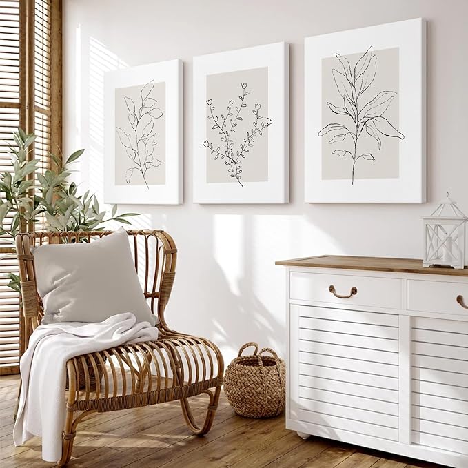 Youillne Neutral Botanical Prints Wall Art Decor Plant Minimalist Canvas Pictures Vintage Beige Wall Art Modern Farmhouse Line Poster Boho Abstract Painting Artwork for Bedroom 16x24 Inch Set of 3