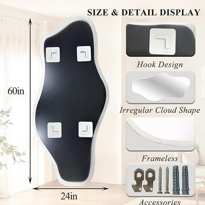 Irregular Wall Mirror, 60"x24" Large Asymmetrical Tempered Glass Mirror, Modern Silver Organic Frameless Mirrors for Living Room Bedroom Hallway Entryway, Horizontal or Vertical Hanging