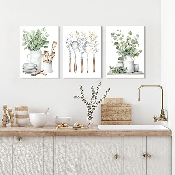 YFvrPt Sage Green Kitchen Wall Art Set of 3, Eucalyptus Leaves Plant Dining Room Painting Wall Decor, Boho Botanical Canvas Poster Print Farmhouse Pictures for Home Decoration Framed 12"x16"