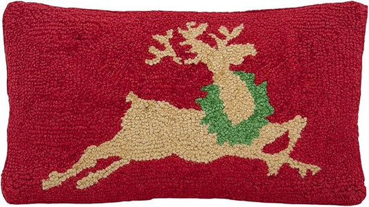 Hand Hooked Christmas Pillow - 9X16 inches Throw Pillow for Couch or Dorm (Reindeer)