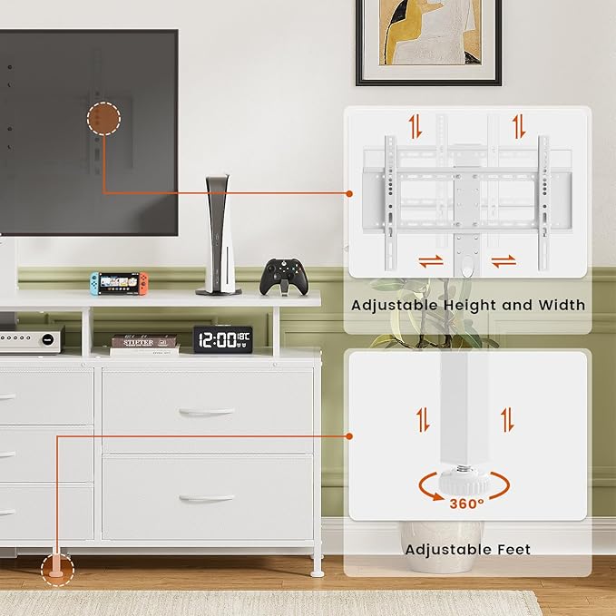 REAHOME TV Stand with Mount, 63" Entertainment Center for 32/45/55/60/65/70 inch TVs, Media Console Table with 7 Drawers, Height Adjustable Mount, Dresser TV Stand for Living Room, White