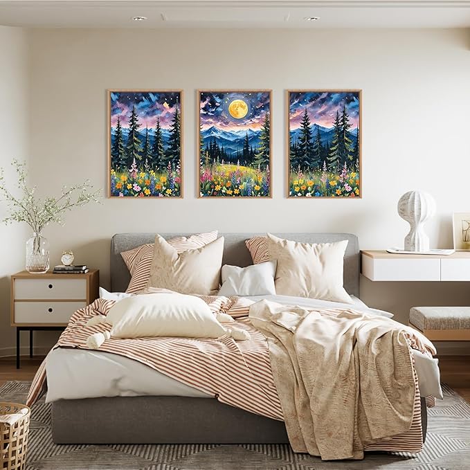 DRACIT Vintage Colorful Mystical Forest Moon Framed Canvas Wall Art Set,Dreamy Moonlit Nature Wilderness Wall Decor,Abstract Midnight Mountain Wildflowers Pine Tree Landscape Artwork for Living Room-24"x36"x3