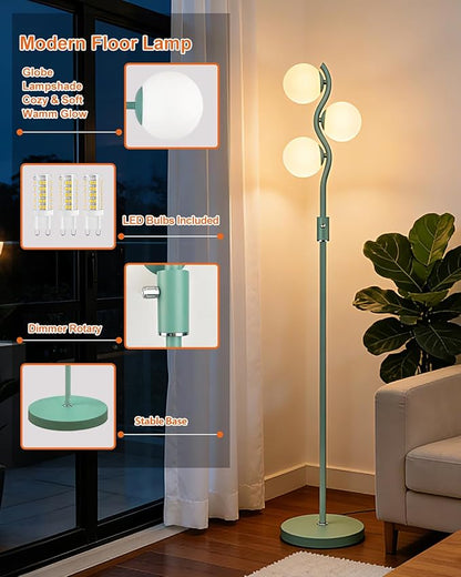 Lightdot 60IN Green Floor Lamp Stepless Dimmable Globe Floor Lamps with 3Pcs 3000K Bulbs Eye-Friendly Mid Century Standing Lamps with 5Lbs Heavy Base for Living Room/Bedroom/Corner