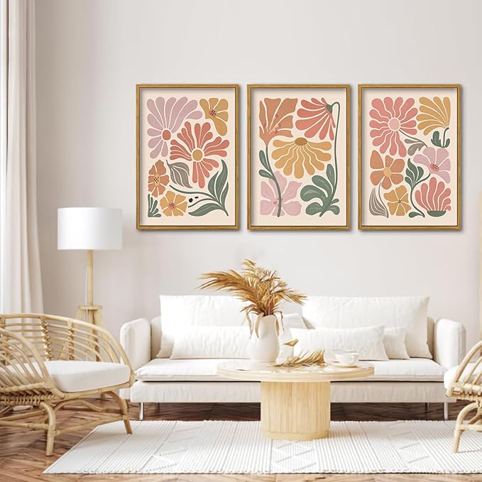 TBKHUDBI Framed Boho Flower Wall Art Abstract Floral Canvas Pictures Prints Set of 3 Minimalist Botanical Painting Poster Flower Market Aesthetic Wall Decor for Living room Bedroom 12"x16"