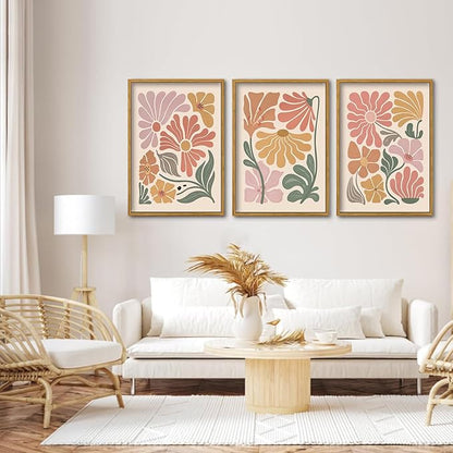 TBKHUDBI Framed Boho Flower Wall Art Abstract Floral Canvas Pictures Prints Set of 3 Minimalist Botanical Painting Poster Flower Market Aesthetic Wall Decor for Living room Bedroom 12"x16"