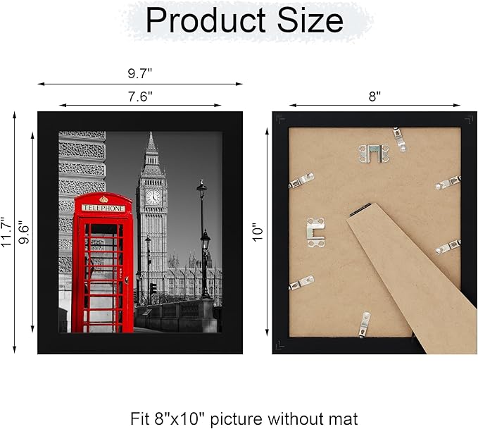 iRahmen 8x10 Picture Frame Set of 2 with HD Glass, Black Wood Photo Frames Display 5x7 Picture with Mat or 8 x 10 Without Mat for Horizontal or Vertical Tabletop and Wall Mounting