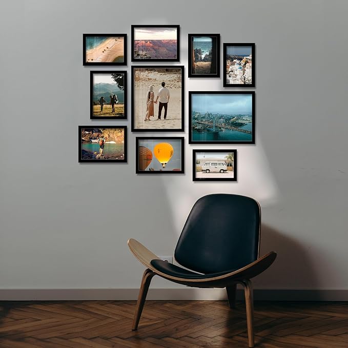 A ART·ZONE Black Picture Frames - 4x6, 5x7, 8x10-10 Pack Photo Frame Mix & Match Set for Wall Decor & Tabletop Display, Minimalist Black Frame Collection