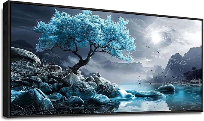 KELIYUAN Large Canvas Wall Decor Bedroom Blue Tree Landscape Wall Paintings Wall Art For Living Room Black And White Pictures Office Mural Framed Prints Artwork Modern Home Decor Aesthetics 32"X72"