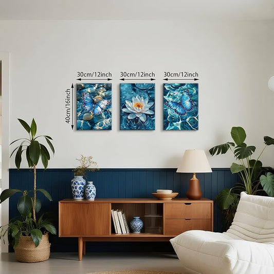 3Pcs Calm Zen Butterfly Canvas Wall Art, Blue Water Lily Pond Pictures Zen Stones White Lotus Flower Paintings Yoga Spa Spiritual Meditation Room Painting Decor Poster Art Prints for Bedroom 12"x16"x3