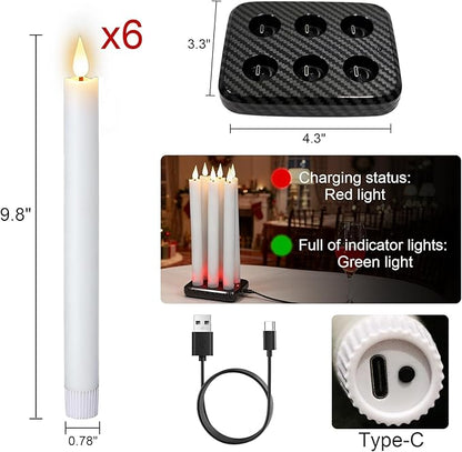 GenSwin Rechargeable Flameless Taper Candles with Charging Base, 6 Pack White LED Taper Candles Battery Operated with 2 Remote Timer, Real Wax Flameless Candlesticks for Holiday Christmas Home Decor