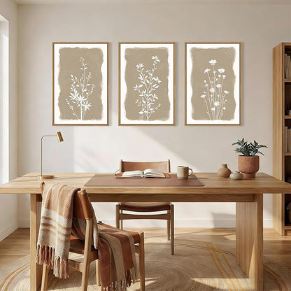 Aryroi Neutral Beige Floral Silhouette Framed Canvas Wall Art Set,Modern Boho Minimalist Botanical Wildflower Wall Decor,Vintage Natural Creamy Flower Artwork for Living Room,Farmhouse-16 x24 x3