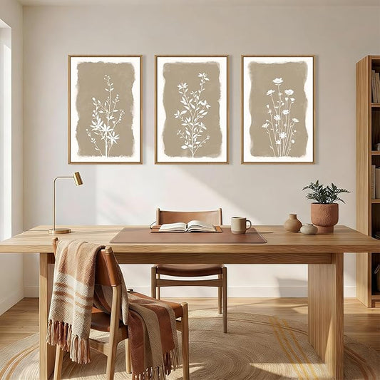 Aryroi Neutral Beige Floral Silhouette Framed Canvas Wall Art Set,Modern Boho Minimalist Botanical Wildflower Wall Decor,Vintage Natural Creamy Flower Artwork for Living Room,Farmhouse-16 x24 x3