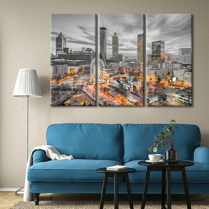 TUMOVO Atlanta Cityscape Pictures Bathroom Decor Wall Art 3 Piece American Skyscrapers Cityscape Pictures Black and White Wall Art City Skyline Office Decor Framed Ready to Hang (36" Wx24 H)