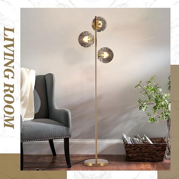BOKT Mid Century Gold Floor Lamp Modern 3-Light Standing Lamp with Smokey Gary Glass Globe Shade Bright Floor Lamps Office Standing Pole Light for Living Room Bedroom Home Decor…