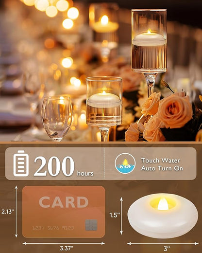 Homemory 12 Pack 3” Flameless Led Floating Candles, 200 Hour White Battery Operate Waterproof Tealights for Cylinder Vases, Centerpieces at Wedding Decor, Party, Pool