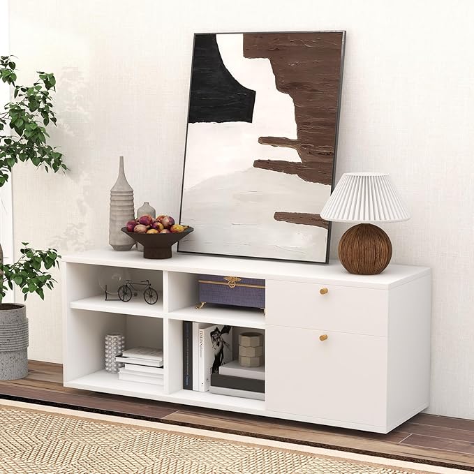 Giantex TV-Stand for Bedroom Entertainment Center - Modern TV Console Cabinet with 2 Drawers, 4 Compartments, Adjustable Feet, Media TV Storage Cabinet for Small Spaces, Entryway, Living Room, White