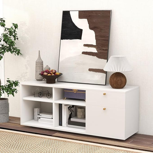 Giantex TV-Stand for Bedroom Entertainment Center - Modern TV Console Cabinet with 2 Drawers, 4 Compartments, Adjustable Feet, Media TV Storage Cabinet for Small Spaces, Entryway, Living Room, White